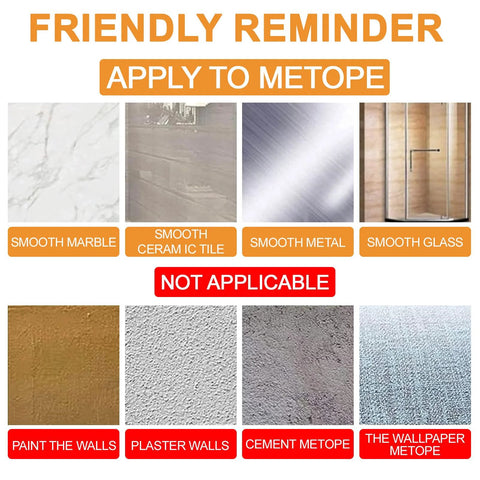 Reminder showing surfaces for Clear PU Self-Adhesive Recessed Finger Pulls: applicable on marble, ceramic, metal, glass; not on painted or plaster walls.