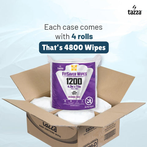 Box with Bulk Wipes 4 Pack 1200 Count Durable Pre Saturated Cleaning Wipes For Gym Equipment visible, packaging details shown