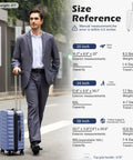 Blue hard-shell luggage with spinner wheels and extendable handle; man in a suit pulls it.