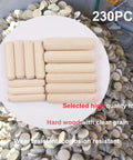 230 Piece Grooved Wooden Dowel Pins Set In One Quarter Five Sixteenth And Three Eighth Inch For Crafts Furniture And Handy DIY Projects With Fluted Bevel Edges For Easy Insertion And Strong Tight Fastening on display
