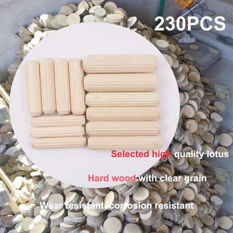 230 Piece Grooved Wooden Dowel Pins Set In One Quarter Five Sixteenth And Three Eighth Inch For Crafts Furniture And Handy DIY Projects With Fluted Bevel Edges For Easy Insertion And Strong Tight Fastening on display