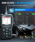 CR529 OBD2 Scanner For Cars After 1996 Full OBD2 Diagnostics With Read And Erase Codes Live Data IM Readiness One Click Smog Check Freeze Frame Engine Light Diagnostics Free Lifetime Updates DIY Car Repair Tool displaying I/M Readiness features with car in background.