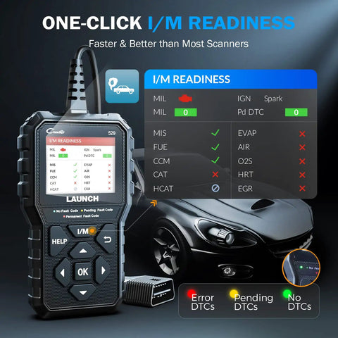 CR529 OBD2 Scanner For Cars After 1996 Full OBD2 Diagnostics With Read And Erase Codes Live Data IM Readiness One Click Smog Check Freeze Frame Engine Light Diagnostics Free Lifetime Updates DIY Car Repair Tool displaying I/M Readiness features with car in background.