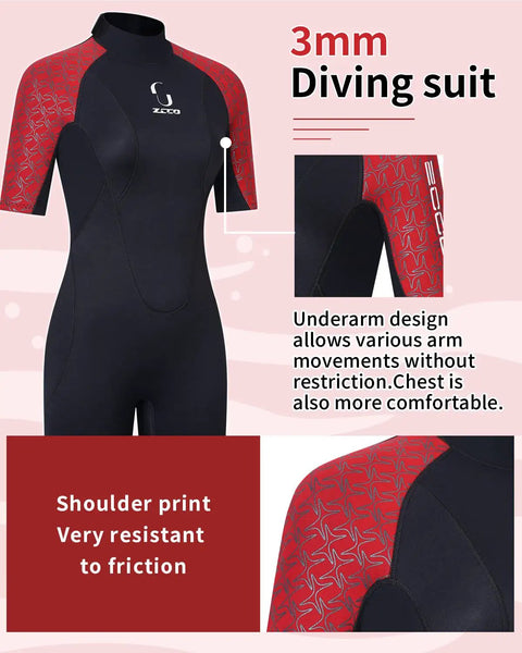 3mm Shorty Wetsuit Back Zip Full Body Dive Skin For Diving Surfing Snorkeling Spearfishing Canoeing And Water Sports Men Women Red XL With Easy Pull Tab Neoprene 3mm Smoothskin Panels For Warmth And Flexibility with red shoulder print