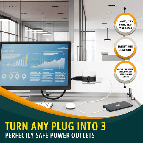 3 Outlet Wall Extender Adapter T Shaped, UL Listed 3 Prong Grounded Power Tap in modern office setup