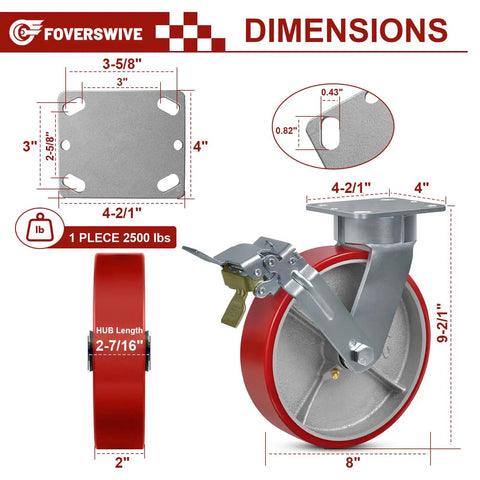 Heavy Duty Eight Inch Kingpinless Casters With Durable Polyurethane Wheels And Precision Rollers for Platform Trucks dimensions infographic