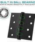Front view of black 4x4 inch ball bearing door hinge with close-up showing ball bearings, part of 6 Pack 4x4 Inch Ball Bearing Door Hinges Stainless Steel Heavy Duty Exterior Hinges With Square Corners Black