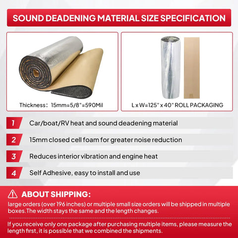 Heavy Duty 590 Mil Sound Deadening Foam Roll 125 X 40 Inches closed cell noise barrier in rolled packaging for cars and boats.