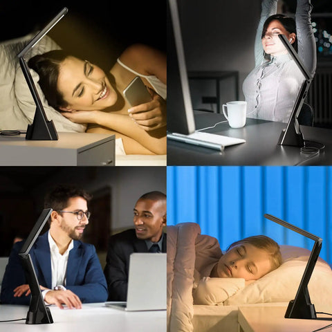 LED Desk Lamp With Wireless Charger 3 in 1 Fast Charging Station Touch Control Desk Lamp With Clock Alarm in various settings.