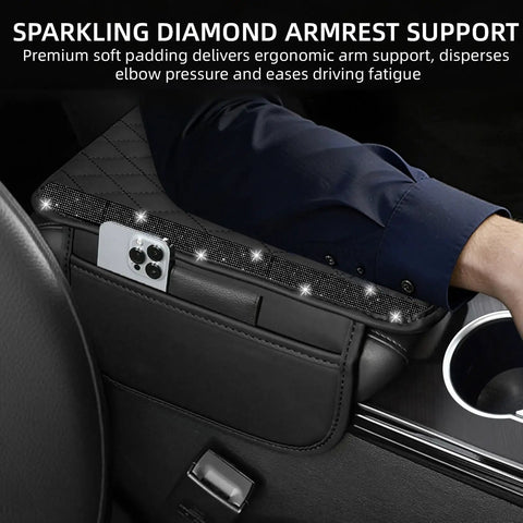Fresh Universal Leather Center Console Cover With Chic Bling Accents And Handy Dual Storage Pouches To Keep Your Daily Driver Interiors Slick And Fully Organized In Modern Black on vehicle armrest.