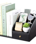 Premium PU Leather Desk Organizer With Drawer And Four Compartments Vertical File Holder And Magazine File Holder Desktop Office Storage In Sleek Black A Dope Gift For Men Who Have Everything with books, phone, and accessories