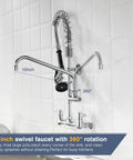 Heavy Duty Commercial Sink Faucet Wall Mount With Pre Rinse Sprayer, 12-inch swivel spout with 360° rotation for efficient rinsing.