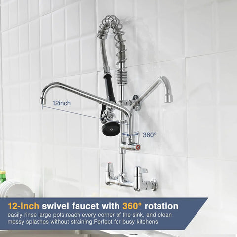 Heavy Duty Commercial Sink Faucet Wall Mount With Pre Rinse Sprayer, 12-inch swivel spout with 360° rotation for efficient rinsing.