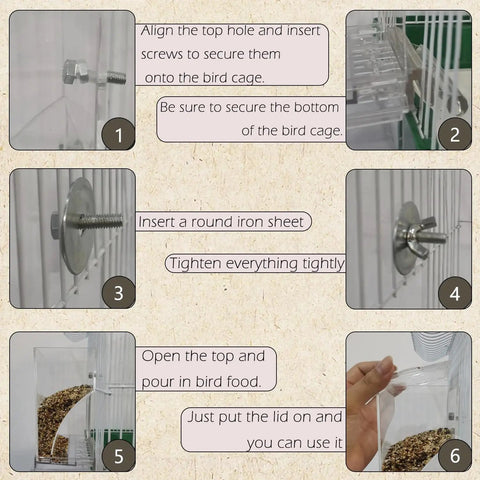 Installation steps for No Sweat Automatic Bird Feeder For Cage Parrot Food Dispenser With Crystal Clear Perch And Quick Load Hopper.