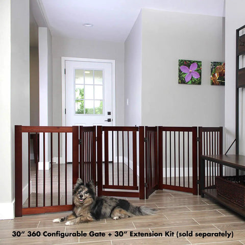 Extension Kit For 360 Configurable Walk Through Folding Pet Gate In Walnut Finish, 30 Inch Wide indoors with small dog