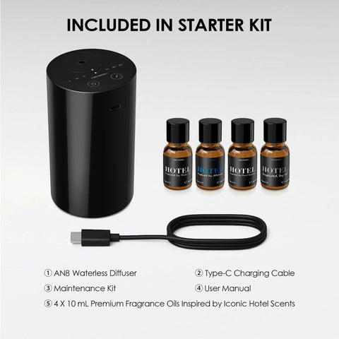 Waterless Essential Oil Diffuser Starter Kit With Four 10mL Hotel Scent Fragrance Oils Battery Operated Portable Diffuser For Home Car Office AN8 Kit Black, includes diffuser, oils, cable, and manual.