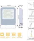 Two Pack 100W LED Flood Light Outdoor With 3CCT Selectable 3000K 4000K 6500K Plug In Waterproof Work Lights dimensions and mounting options