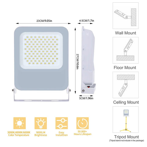Two Pack 100W LED Flood Light Outdoor With 3CCT Selectable 3000K 4000K 6500K Plug In Waterproof Work Lights dimensions and mounting options