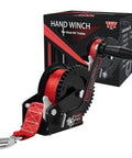 1600 Pound Boat Trailer Winch With 26 Foot Red Strap, 2 Way Ratchet Hand Crank Winch displayed with packaging