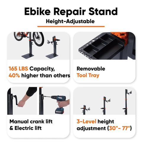 Electric Bike Repair Stand With 360 Degree Rotating Clamp Adjustable Height From 30 To 77 Inches 165 Lbs Capacity and Tool Tray