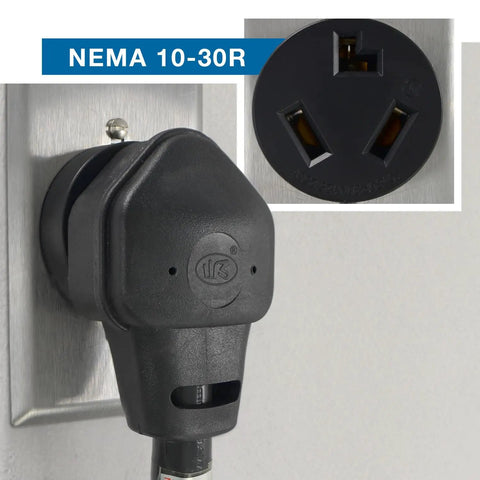 Heavy Duty NEMA 10-30 Dryer Extension Cord, 25 Feet, 30 Amp 125/250 Volts shown plugged into wall outlet.