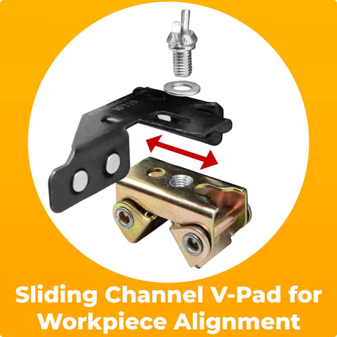 Front view of adjustable sliding channel V-Pad clamp with black lever and gold V-Pad; screw and washer shown