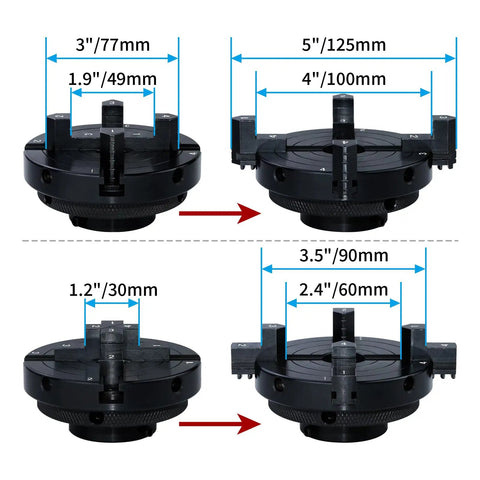 Image showing dimensions of 4 Inch Wood Lathe Chuck Set With Pro Grade Self Centering 4 Jaw Chuck, 1 Inch 8 TPI And Three Quarter Inch 16 TPI Adapters.