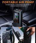 Portable Tire Inflator Air Pump With 150 PSI Rechargeable Cordless Power Digital Pressure Gauge LED Light in car seat cup holder, on backpack, and in use inflating bike tire.