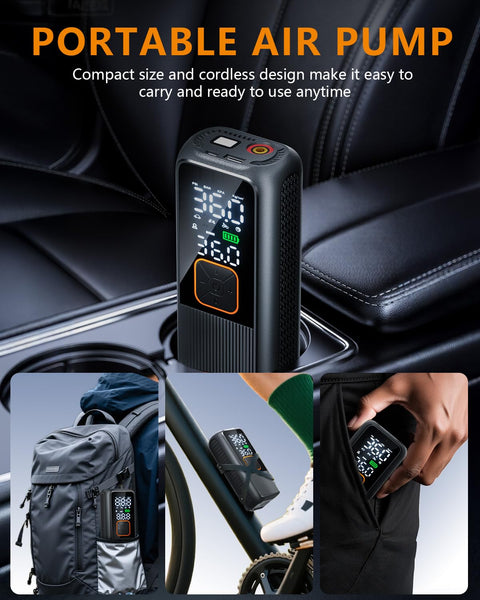 Portable Tire Inflator Air Pump With 150 PSI Rechargeable Cordless Power Digital Pressure Gauge LED Light in car seat cup holder, on backpack, and in use inflating bike tire.