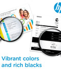 Magnifying glasses highlighting vibrant colors and rich blacks on printed documents with HP logo
