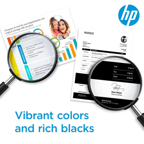 Magnifying glasses highlighting vibrant colors and rich blacks on printed documents with HP logo