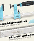 Beefy 6 Inch Steel Bar Clamps Set Four Pack Quick Release F Clamps with quick adjustment lock and bilateral precision teeth.