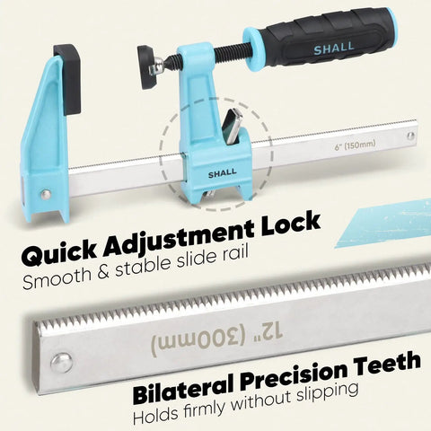 Beefy 6 Inch Steel Bar Clamps Set Four Pack Quick Release F Clamps with quick adjustment lock and bilateral precision teeth.