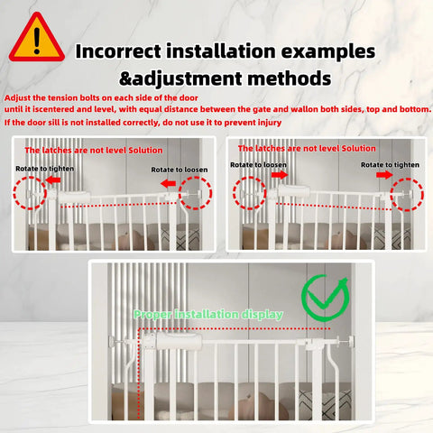 Diagram showing correct and incorrect installation steps for Extra Wide Baby Gate With Door Walk Through Easy Install Adjustable 38.5 To 43.3 Inches Ideal For Stairways And Doorways Indoor Outdoor Safe Gate For Toddlers And Pets Pet Friendly White.