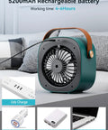 Rechargeable Personal Air Cooler Portable Mini Green Desk Fan With Three Speeds Quiet Cooling To Beat The Heat At Home Office Travel Outdoor Indoor Use 5200mAh Battery Powered Compact Portable AC Alternative showing USB-C charging options on a bed.