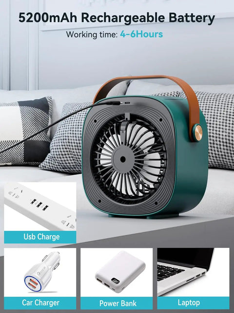 Rechargeable Personal Air Cooler Portable Mini Green Desk Fan With Three Speeds Quiet Cooling To Beat The Heat At Home Office Travel Outdoor Indoor Use 5200mAh Battery Powered Compact Portable AC Alternative showing USB-C charging options on a bed.