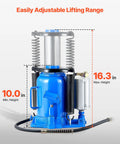 Front view of blue 32-ton air hydraulic bottle jack with manual pump, hose, and coil springs