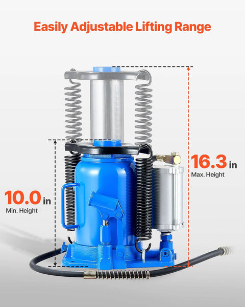 Front view of blue 32-ton air hydraulic bottle jack with manual pump, hose, and coil springs
