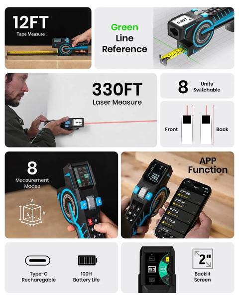 Digital Tape Measure With 12ft Tape And 330ft Laser Distance Meter Pro Grade Precision 1.5mm Dual Tape And Laser Measuring Tool For DIY Projects On Site Readouts Fast Accurate Measurements For Builders And Handypersons, handheld with app screen