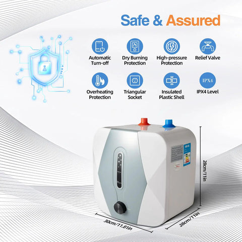 Compact Electric Mini Tank Water Heater With Ridiculously Fast 1500W Instant Hot Output Ideal For Under Sink Placement Delivers Smooth Warm Water Flow For Daily Needs With Dead Simple Setup, showing safety features and design.