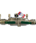 Top Tier Bronze Double Check Valve Assembly Backflow Preventer with green handles for yard irrigation, heavy duty 1½ inch valve.