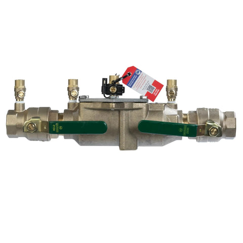 Top Tier Bronze Double Check Valve Assembly Backflow Preventer with green handles for yard irrigation, heavy duty 1½ inch valve.