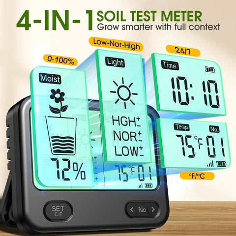 4 In 1 Wireless Soil Tester For Indoor And Outdoor Plants With Real Time Moisture, Temperature, Sunlight Readout And Large Screen, Easy Garden Water Meter For Lawn, Farm, And Houseplants, black display unit
