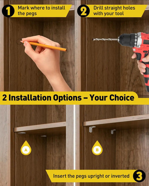 Step-by-step guide showing installation of Absolute Game Changer 50 Pack Heavy Duty Shelf Support Pegs.