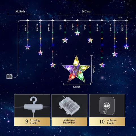 Color Changing Star Window Christmas Lights With 9 Star Curtain Ornaments Multicolor And Warm White Battery Operated
