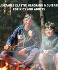 Kid Friendly LED Headlamp For Outdoor Adventures With Roar And Silent Modes in use during camping by campfire with dad and son