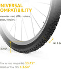 Diagram showing a bike tire's universal compatibility with road and mountain bikes, e-bikes, featuring dimensions 3.15" height and 3.54" width.