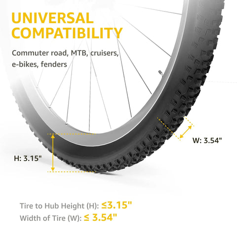 Diagram showing a bike tire's universal compatibility with road and mountain bikes, e-bikes, featuring dimensions 3.15" height and 3.54" width.