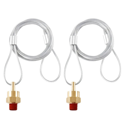 Two 1/4-inch air tank drain valve plugs with 60-inch cables for air compressors and semi trucks, easy pull cable style, two pack
