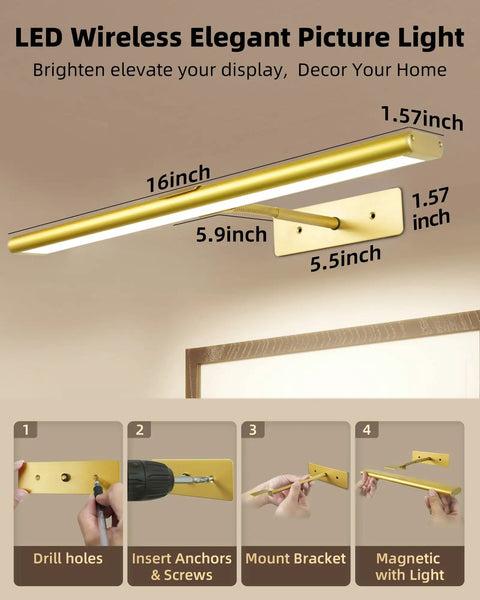 Rechargeable Picture Light With Remote, 16 Inch Wireless Dimmable LED Wall Light For Art, Magnetic Mount, gold finish, installation steps